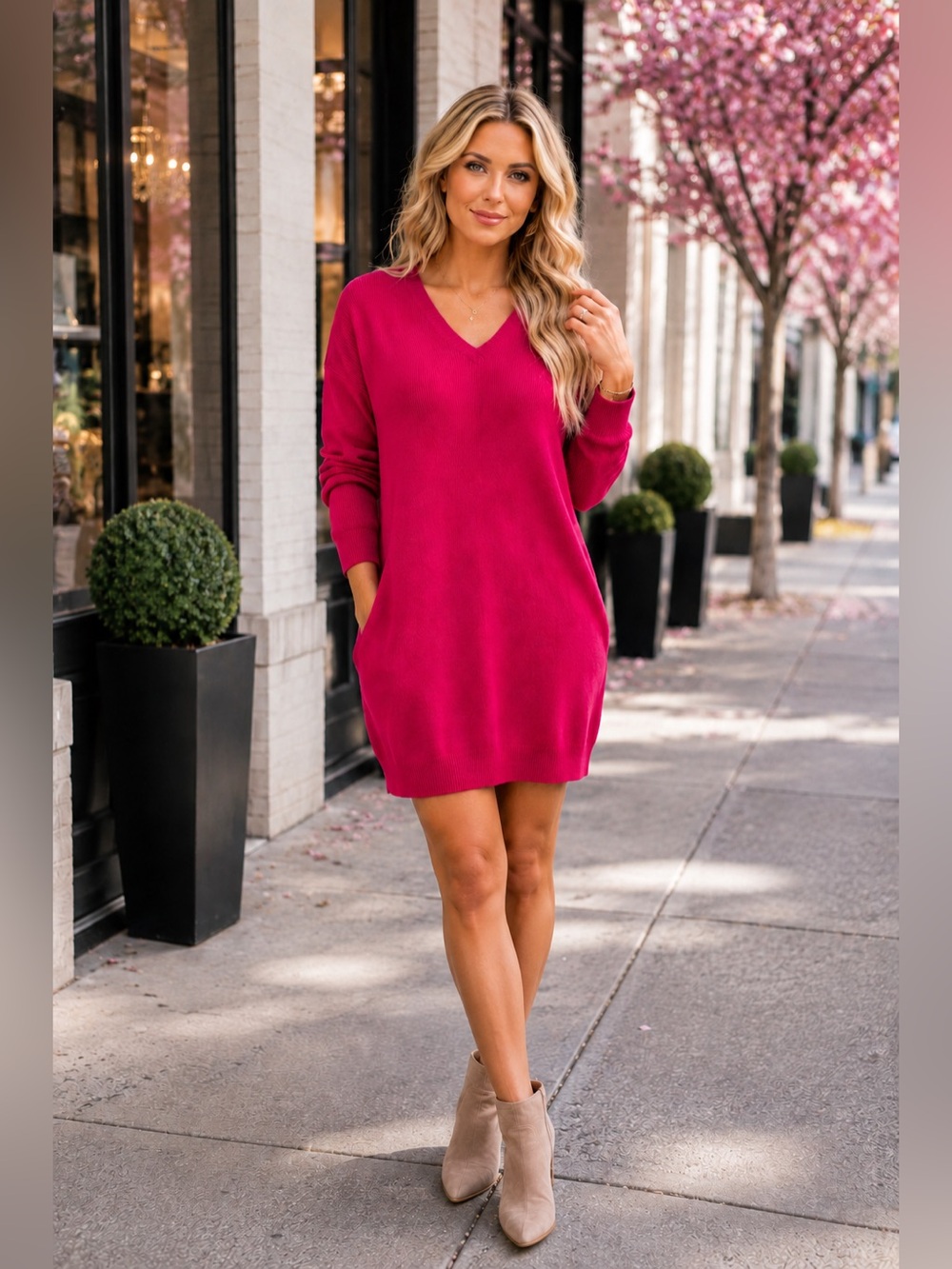 Saturday Sunday Anthropologie V-Neck Mini Sweater Dress Tunic - Hot Pink M/L